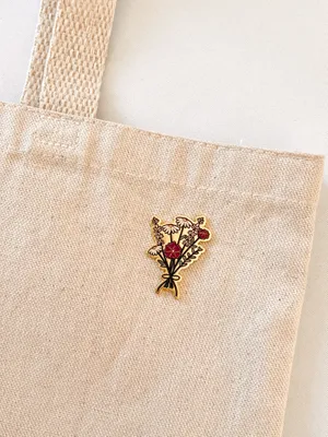 Soft Enamel Pin - Magnetic pin on a tote bag with original floral bouquet design by Handful of Made