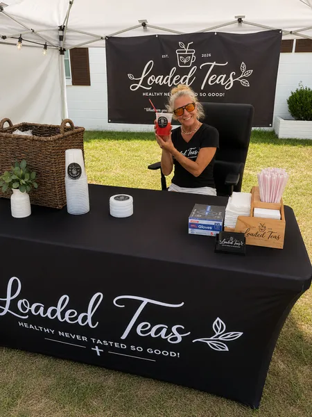 Photo of the booth set up with the tablecloth and the banner both purchased from table covers now We are so proud and so excited