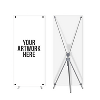 Two blank advertising banners, one vertical and one X-banner stand, against a white background, with placeholder text 'YOUR ARTWORK HERE.'