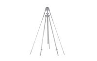 A silver tripod stands centered with legs extended, positioned against a plain white background. There is no text.