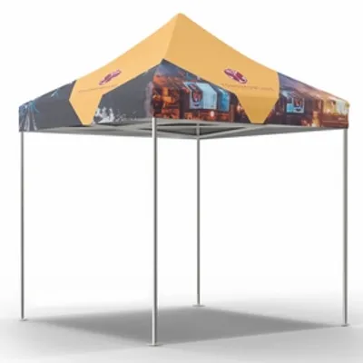 Canopy Topper & Frame A custom-printed promotional canopy tent with a yellow top and a colorful printed valance, likely used for outdoor events or trade shows.