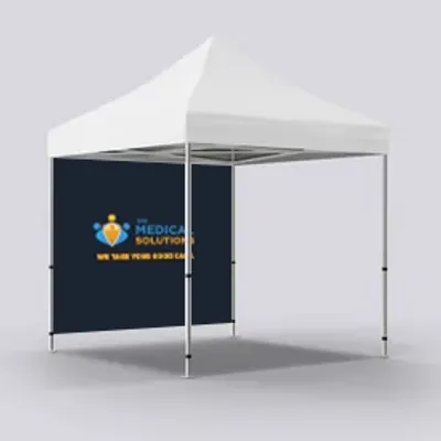 Full Back Wall Both Sided A promotional canopy tent with branding for 'Medical Solutions', standing in a neutral space, presumably for an event or trade show.