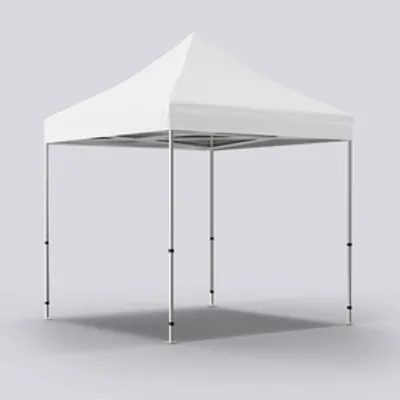None A white canopy tent with a pointed top and metal frame, standing stationary, against a neutral gray background.