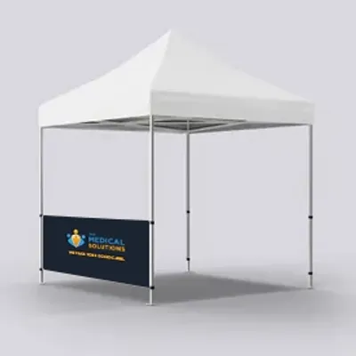 Half Left Wall Both Sided A white canopy tent with a custom printed valance banner featuring the text 'MEDICAL SOLUTIONS PARTNER WITH DOCTORS.' The tent is displayed against a plain background.