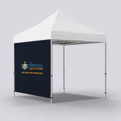 Full Left Wall Single Sided A promotional event tent with the logo and text 'MEDICAL SOLUTIONS We are here to care' on a solid backdrop, intended for medical or healthcare marketing.