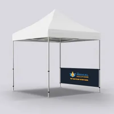 Half Right Wall Both Sided A white trade show tent with a custom-branded blue banner displaying 'MEDICAL SOLUTIONS - BETTER HEALTH THROUGH SCIENCE.' It's set against a plain, light background.