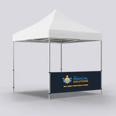 Half Front Wall Single Sided This is a promotional canopy tent with a branded front banner reading 'MEDICAL SOLUTIONS - We care for your good care.' It's displayed against a plain background.