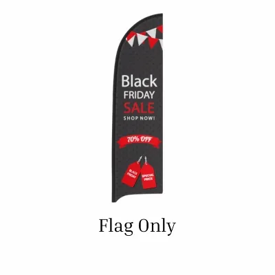 A curved black advertising flag displays 'Black Friday Sale – SHOP NOW! – 70% OFF' with red and white accents; labeled 'Flag Only' at the bottom.