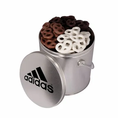 One Gallon Tin with Choc Mini Pretzels - Webcam Covers Now