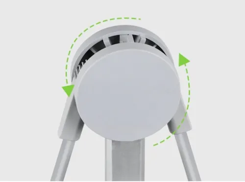 A three-legged stand with a circular top seems to rotate, as indicated by green dashed arrows, against a plain background, likely displaying its adjustable feature.