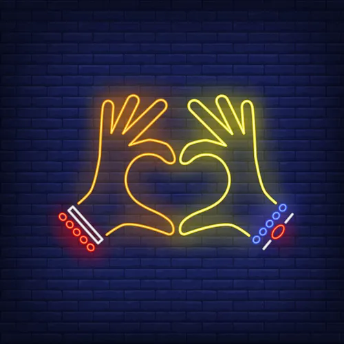 Woman Hands Heart Gesture Neon Sign - Webcam Covers Now
