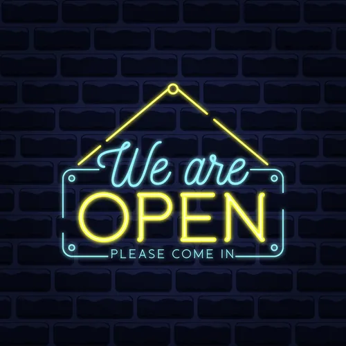 We Are Open Blue and Yellow Neon Sign - Webcam Covers Now