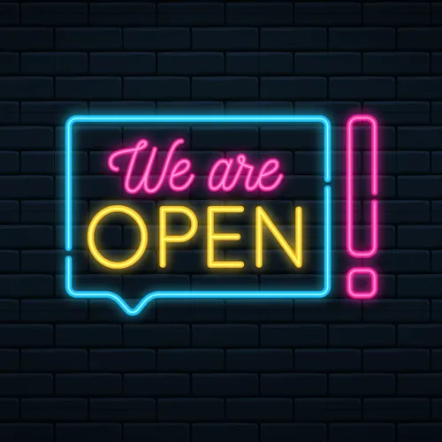 We Are Open Neon Sign - Webcam Covers Now