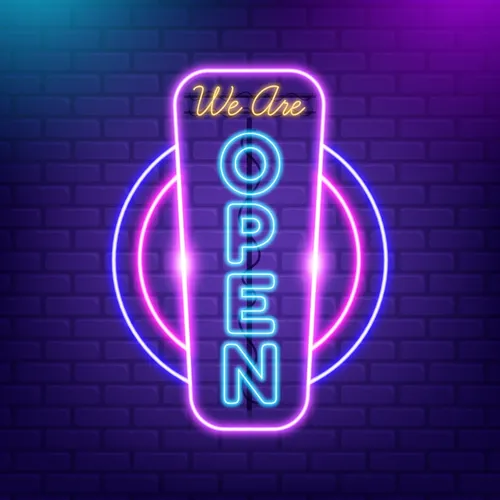 We are Open Vertical Neon Sign - Webcam Covers Now