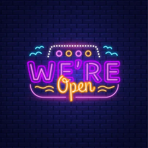 We're Open with Wave Lines Neon Sign - Webcam Covers Now