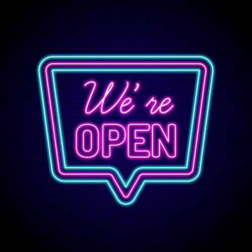 We're Open Neon Sign - Webcam Covers Now