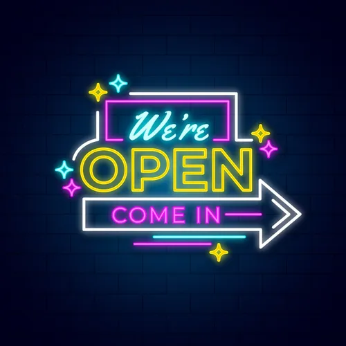 We're Open Come In Neon Sign - Webcam Covers Now