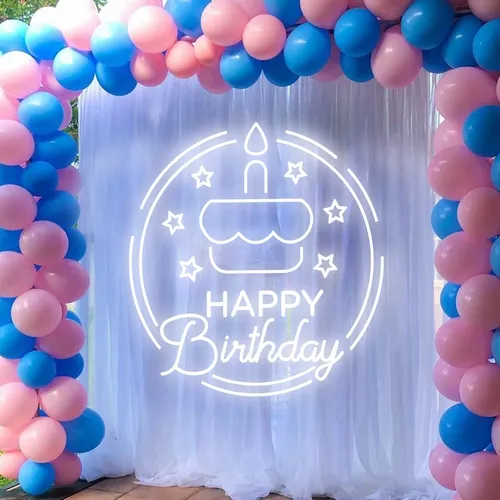 Happy Birthday Cake in Circle Neon Sign - Webcam Covers Now