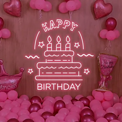 Big Happy Birthday Text with Cake Neon Sign - Webcam Covers Now