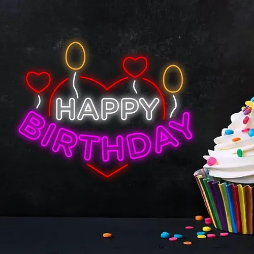 Happy Birthday Heart and Balloon Neon Sign - Webcam Covers Now