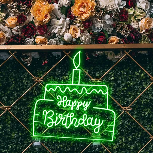 Happy Birthday Text in Big Cake Neon Sign - Webcam Covers Now