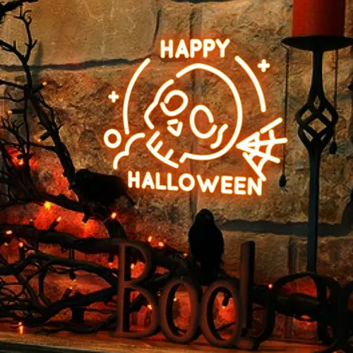 Happy Halloween Skull Neon Sign - Webcam Covers Now
