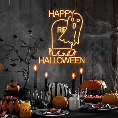 Happy Halloween Ghost Neon Sign - Webcam Covers Now