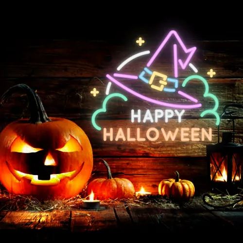 Happy Halloween Hat Neon Sign - Webcam Covers Now