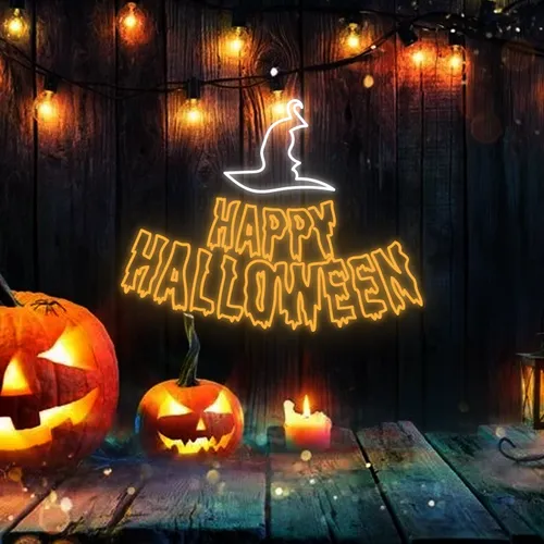 Happy Halloween Witch Hat Neon Signs - Webcam Covers Now