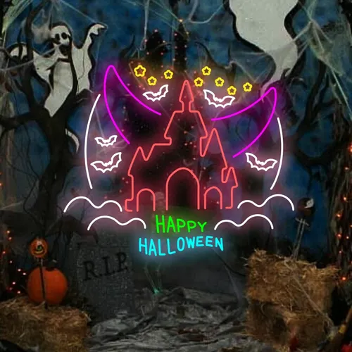 Happy Halloween Castle Neon Sign - Webcam Covers Now