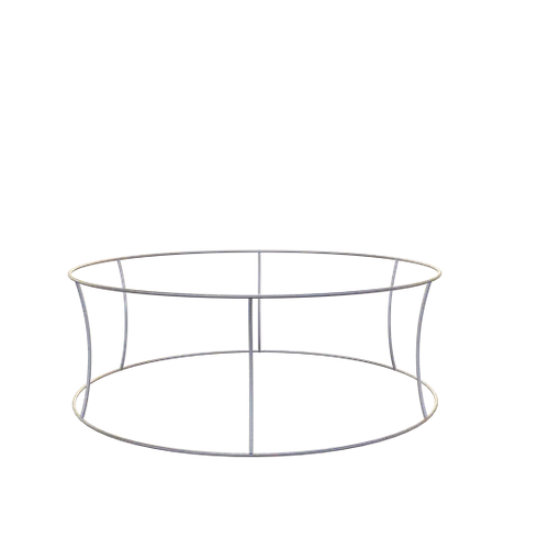 This is a circular trade show display frame, standing idle with no banner attached, set against a shadowed, transparent background.
