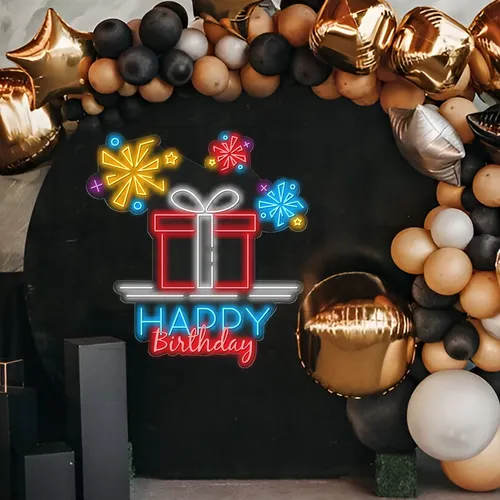 Happy Birthday with a Gift Box Neon Sign - Webcam Covers Now