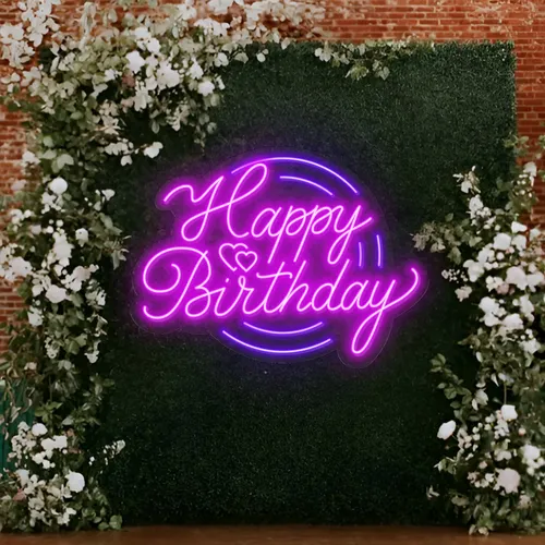 Happy Birthday Purplish Neon Sign - Webcam Covers Now