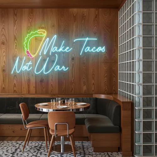 Spicy "Make Tacos Not War" Neon Sign - Webcam Covers Now