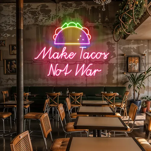 Crispy "Make Tacos Not War" Neon Sign - Webcam Covers Now