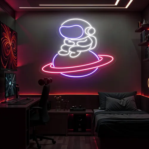 Astronaut In Saturn Neon Sign - Webcam Covers Now