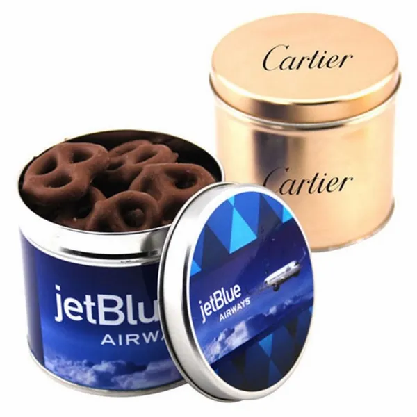 Round Tin with Choc Covered Pretzels - Webcam Covers Now