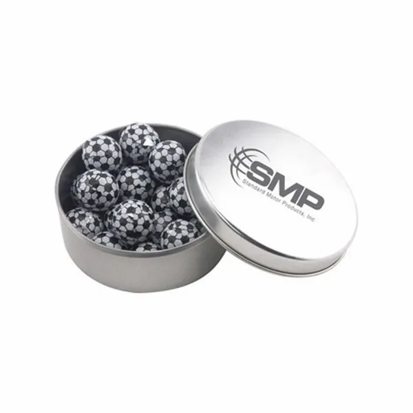 Round Tin with Chocolate Soccer Balls - SBF3000 - Webcam Covers Now